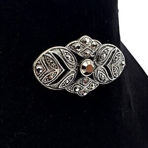 Silver Rhinestone Brooch Open Work Leaf Bar Pin Vintage Faux Marcasite Vtg 80s